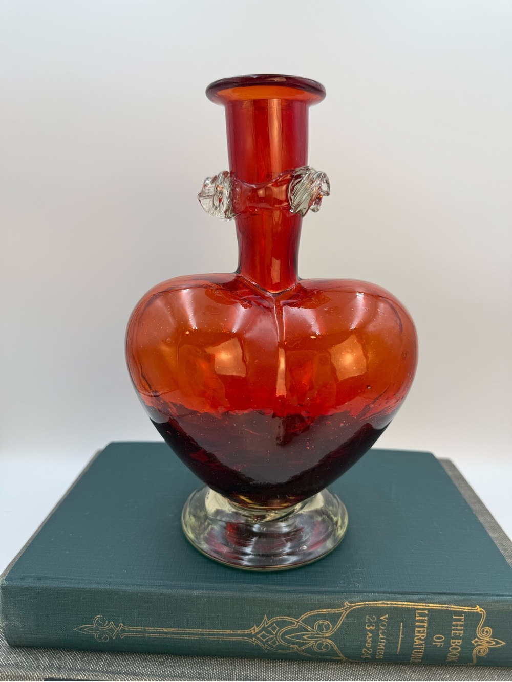 Vintage Heart Shape Glass Handblown Vase with Clear Rose Detail